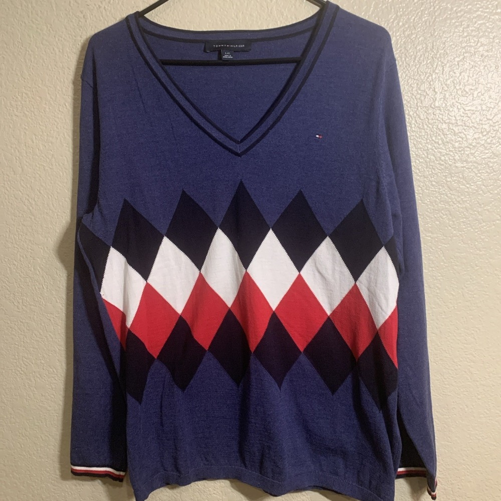 Tommy Hilfiger Sweater Womens L Argyle Tennis Old Money Preppy Academia Golf